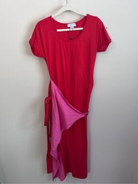 Never Fully Dressed Two-Tone Red and Pink Asymmetrical Wrap Midi Dress